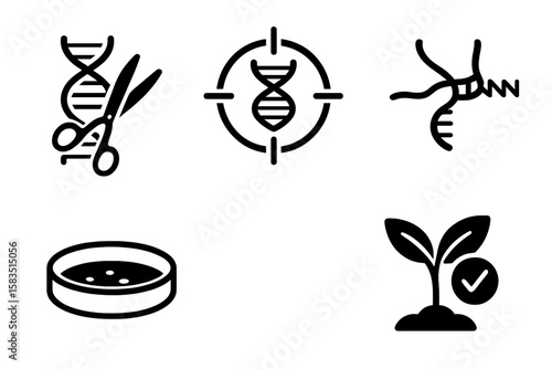 Exploring genetic engineering techniques with icons depicting CRISPR, DNA modification, and plant growth