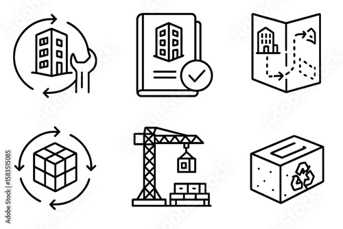 Building renovation process with tools, plans, and recycling icons displayed in a clear layout