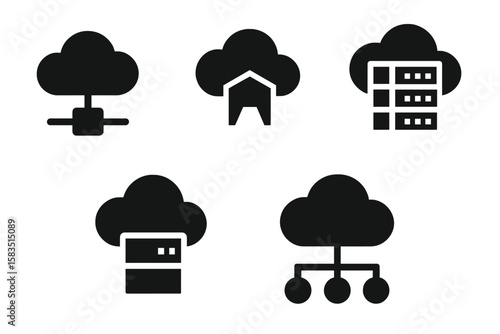 Various cloud computing symbols representing networking, storage, and services for technology concepts and digital infrastructure
