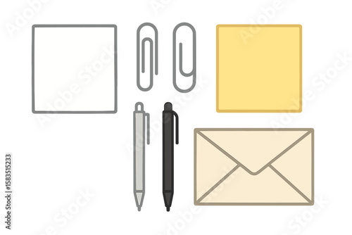 Stationery items arranged on a flat surface for office organization and writing tasks