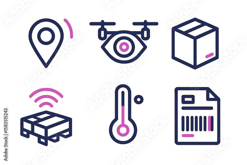 Icons representing logistics and delivery systems that include location tracking, temperature monitoring, and cargo details