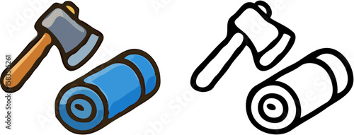 Camping essentials: a hatchet and rolled-up sleeping mat, illustrated in color and outline.