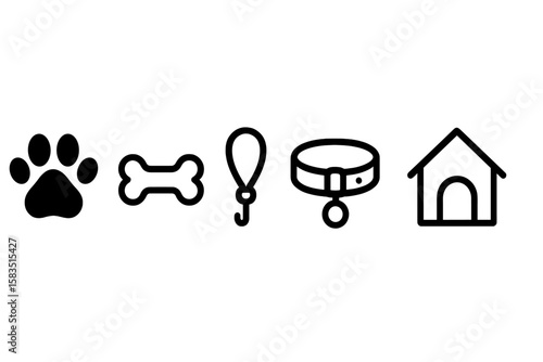 Icons representing various pet care items and essentials for dog owners at a pet store