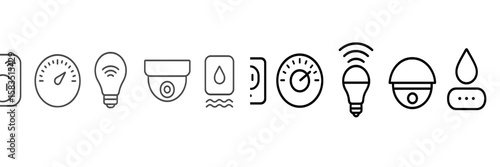 Icon set representing smart home technology devices including sensors and cameras for monitoring and automation