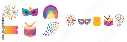 Colorful carnival symbols and decorations representing a festive celebration with drums, masks, and fireworks