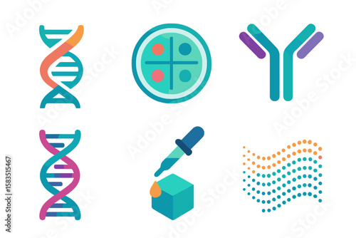 Colorful illustrations representing various elements of biotechnology and genetic research conducted in a laboratory setting