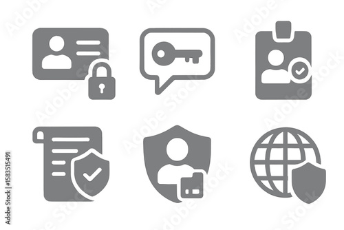 Visual representations of security concepts including identification, privacy, and online safety measures