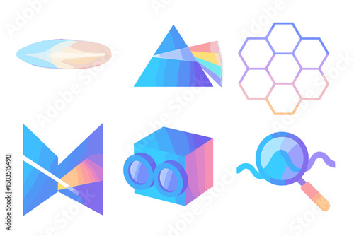 Vibrant geometric shapes represent concepts of light and color blending in a contemporary graphic design setting