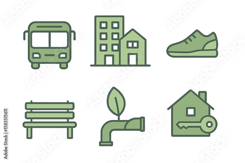 Icons representing urban transportation, housing, and greenery in a contemporary design