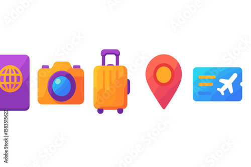 Colorful travel icons representing global exploration, photography, luggage, location, and air travel arrangements