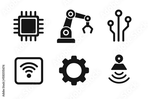 Various technology icons representing automation, connectivity, and circuitry in modern industry and research environments