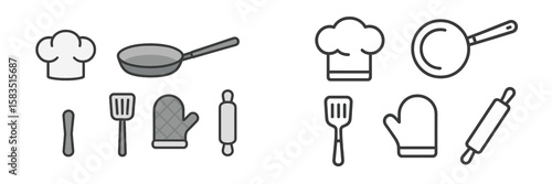 Various cooking utensils and chef hats arranged for culinary preparation and kitchen activities
