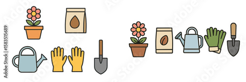 Gardening tools and supplies displayed with plants and seeds showcase home gardening preparations and nurturing practices