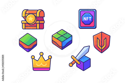 Colorful icons representing gaming rewards, NFTs, and achievements in digital culture