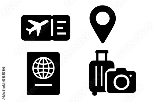 Travel essentials include passport, luggage, camera, flight ticket, and location marker for adventure seekers