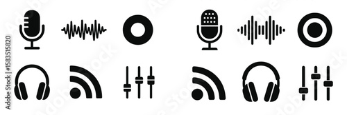 Various black and white sound and music icons depicting microphones, sound waves, headphones, and audio controls used for audio production