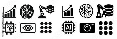 Various black and white icons representing data analysis, artificial intelligence, and robotics in technology