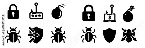 Cybersecurity symbols representing threats and protective measures in a digital environment
