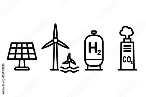 Renewable energy icons representing solar, wind, and hydrogen technologies along with carbon emissions at an educational exhibit