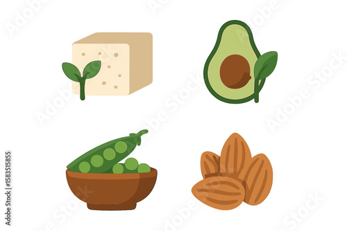 Healthy plant-based food options including tofu, avocado, peas, and almonds displayed on a clean background