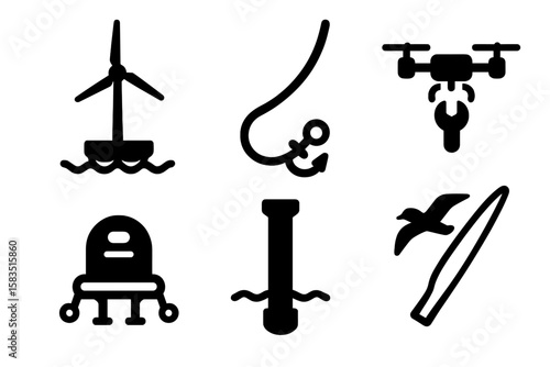 Different symbols representing various technologies and activities related to sea exploration and fishing