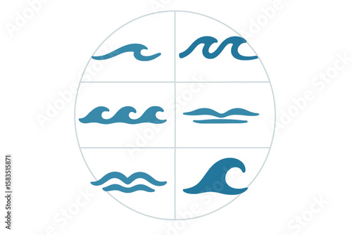 Various wave patterns representing ocean movement and fluid dynamics in a simple graphic design