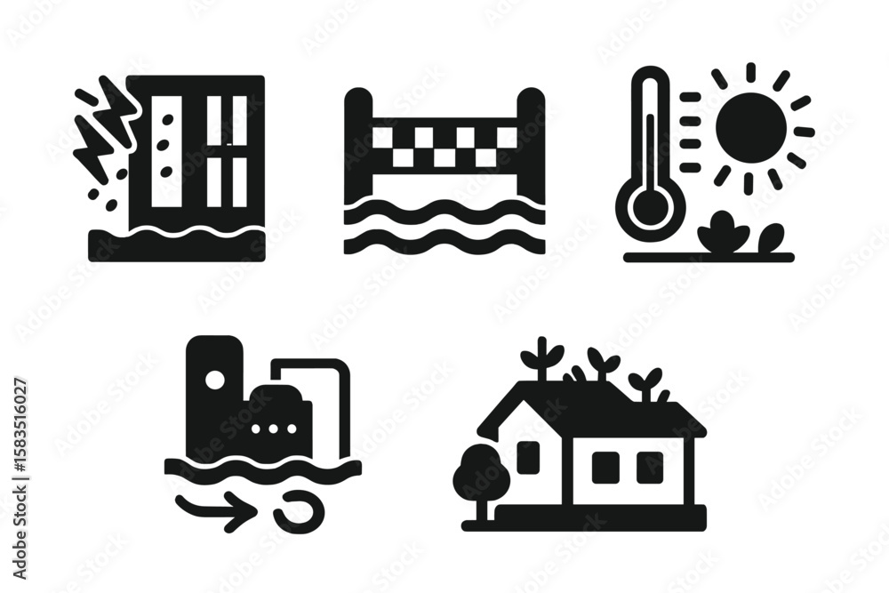 Naklejka premium Symbols representing various aspects of flooding and water-related hazards in urban areas