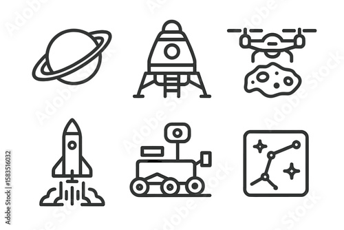Exploring the universe through illustrations of space missions, celestial bodies, and futuristic technology