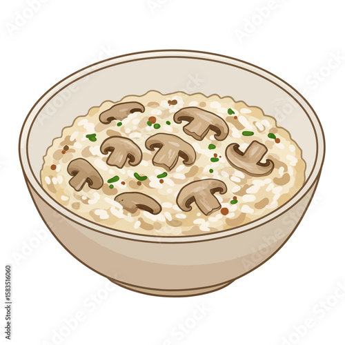 Delicious creamy mushroom risotto in a bowl with fresh herbs, healthy meal illustration