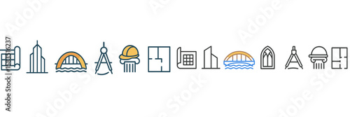 Collection of architectural icons representing diverse building styles from around the world displayed in a horizontal arrangement