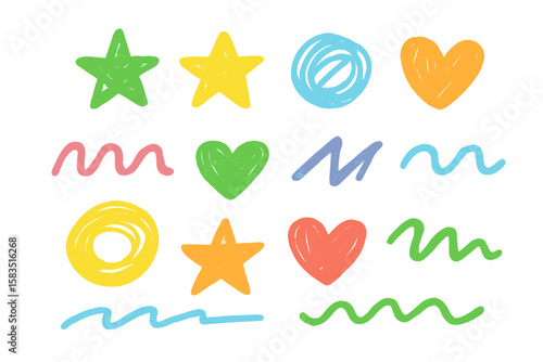 Colorful hand-drawn shapes including hearts, stars, and swirls in various colors on a white background