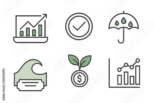 Business growth symbols featuring graphs, money, and protection in a sleek, modern design for financial and investment concepts
