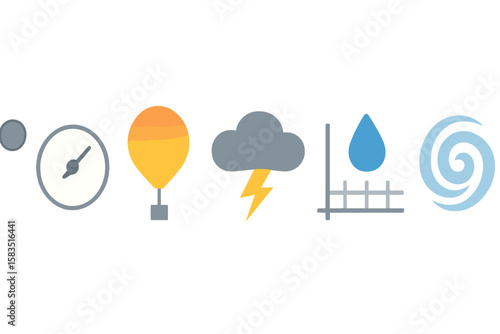 Weather symbols representing various meteorological conditions including pressure, storms, and precipitation