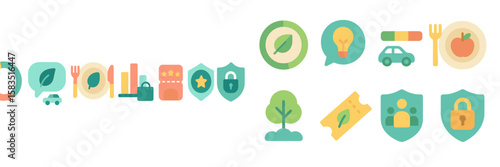 Colorful icons representing sustainability, safety, and healthy living for digital applications and projects