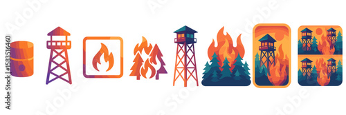 Illustration depicting forest fire alert symbols and fire towers in a colorful gradient style