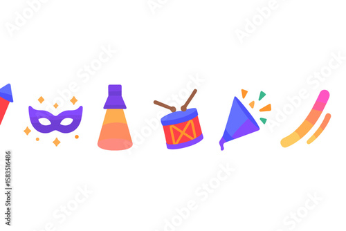 Colorful festival symbols featuring a mask, lantern, drum, and confetti, celebrating cultural joy and togetherness during a vibrant event