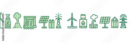 Renewable energy icons illustrating various sources of clean power and environmental impact in a modern design