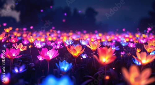 Enchanted Glowing Flower Field At Night Colorful Illuminated Bloom Display