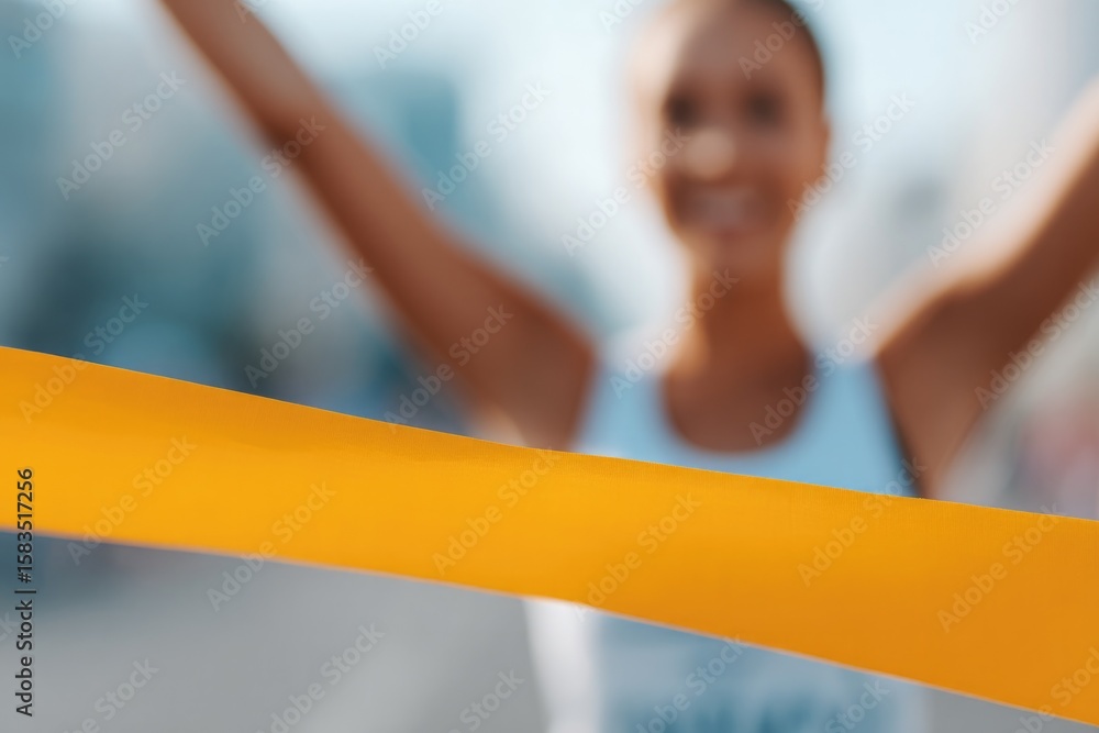 Naklejka premium portrait of person crossing finish line ribbon at local marathon arms raised in confident victory