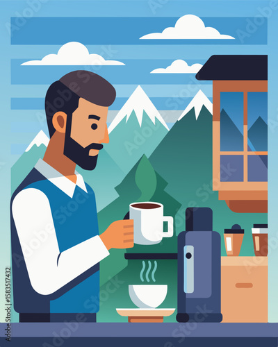 Sipping on a cup of freshlybrewed coffee from your inroom espresso machine you tackle your tasks in the comfort of your chalet office.. Vector illustration