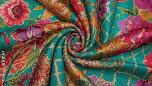 Color-rich floral designs fused with customary patterns on geometric fabric creating an abstract saree design
