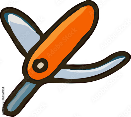 Illustration of open orange and grey pruning shears with a dark outline on a white background.
