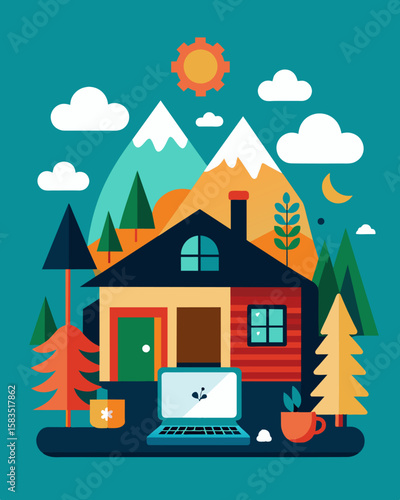 The perfect combination of modern convenience and rustic charm making remote work a truly unique experience.. Vector illustration