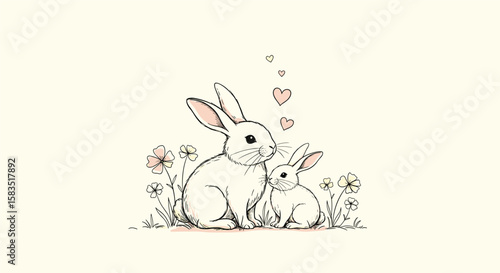Adorable mother and baby bunny rabbit illustration with hearts and flowers