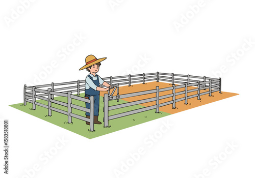 A farmer adjusts fences in a pasture. Clear composition, rural setting, and a focus on agricultural work. Suitable for lifestyle and farming themes.