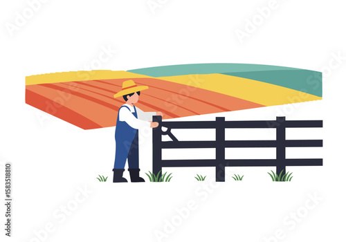 A farmer adjusts fences in a vibrant, patchwork field.  A rustic scene showcasing rural life and agricultural work.  Clear composition, warm tones.