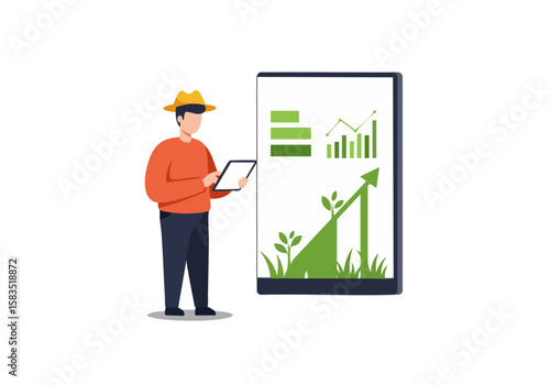 A farmer examines growth charts on a tablet outdoors. Modern illustration showcasing agricultural success and digital monitoring. Clean, bright, and professional.