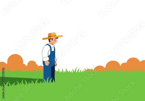 A farmer stands in a field, observing the grass. A peaceful, rural scene with a sunny sky and rolling hills. Ideal for lifestyle and nature themes.