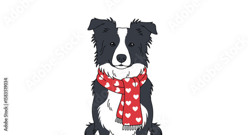 Charming border collie dog wearing a heart patterned scarf animated greeting card for valentine's day