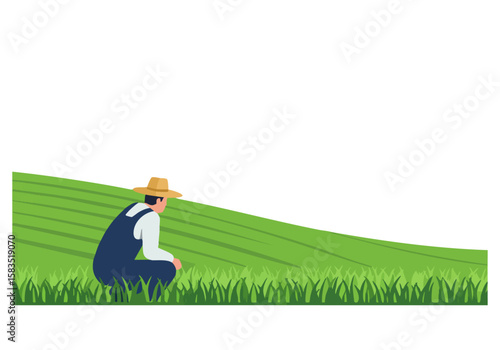 A farmer watches over a lush green pasture, embodying rural life and agricultural beauty. Simple, clean composition.